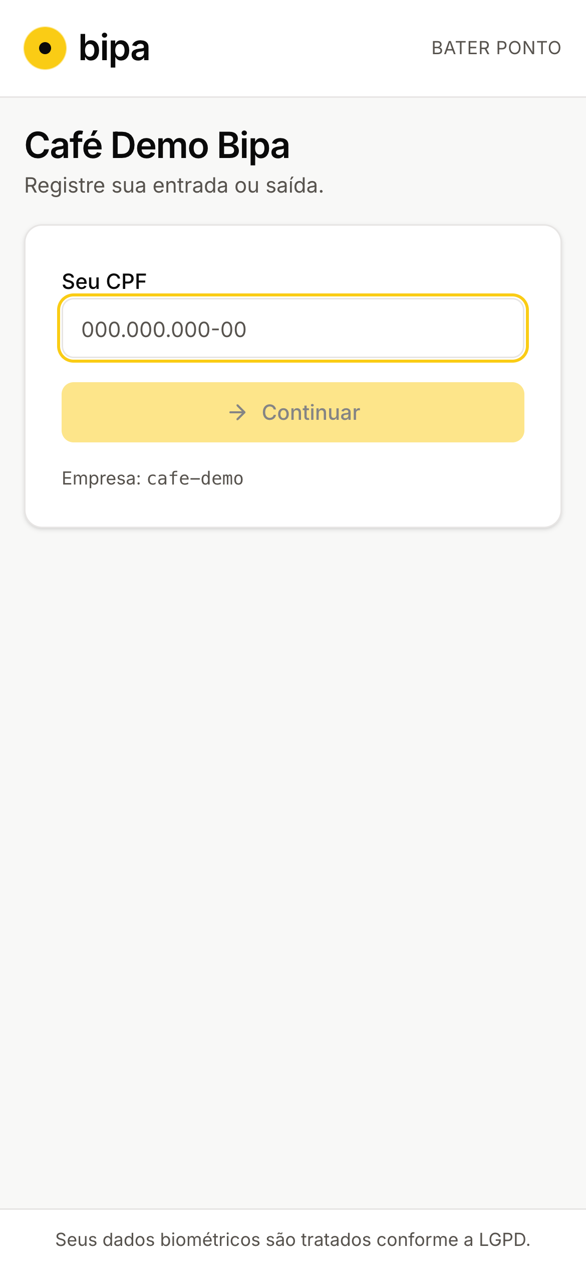 Tela de bater ponto no celular, sem app